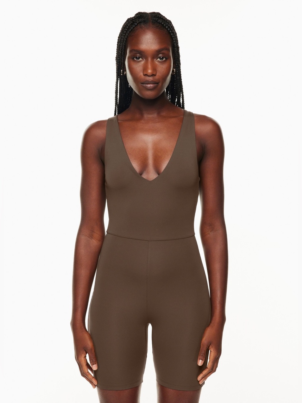 Aritzia Babaton Contour V-Neck Romper Chocolate Brown Size Small